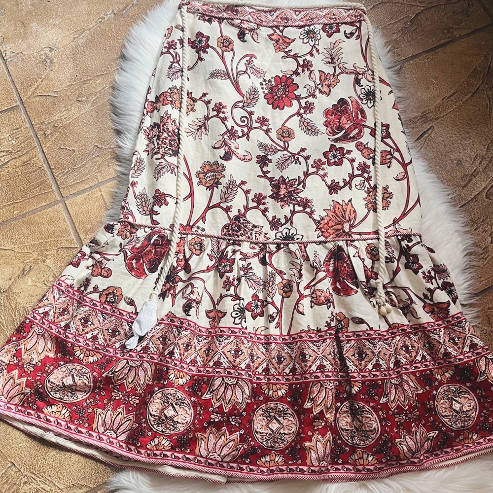 NEW House of Harlow 1960 Linen Blend Swing Midi Skirt Floral Boho Small